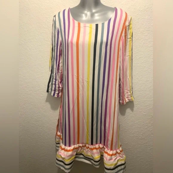 Persifor multi color stripe dress size medium tie waist ruffle hem - Picture 2 of 7